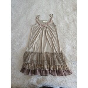 A'reve Sleeveless Dress Floral Crochet Lace Hem Taupe Sz M Boho-chic Fairycore